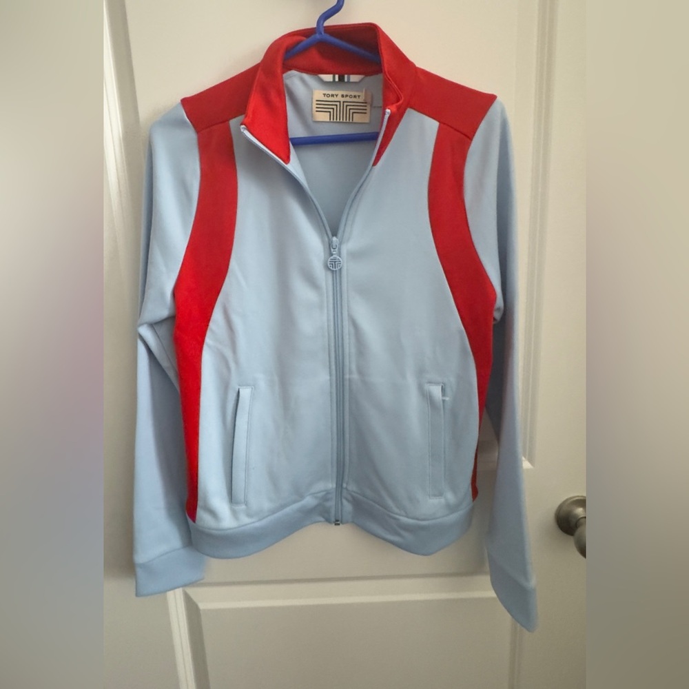 Tory Sport Zippered Track Jacket. Small.  New, no tags.  Light Blue/Poppy Red.
